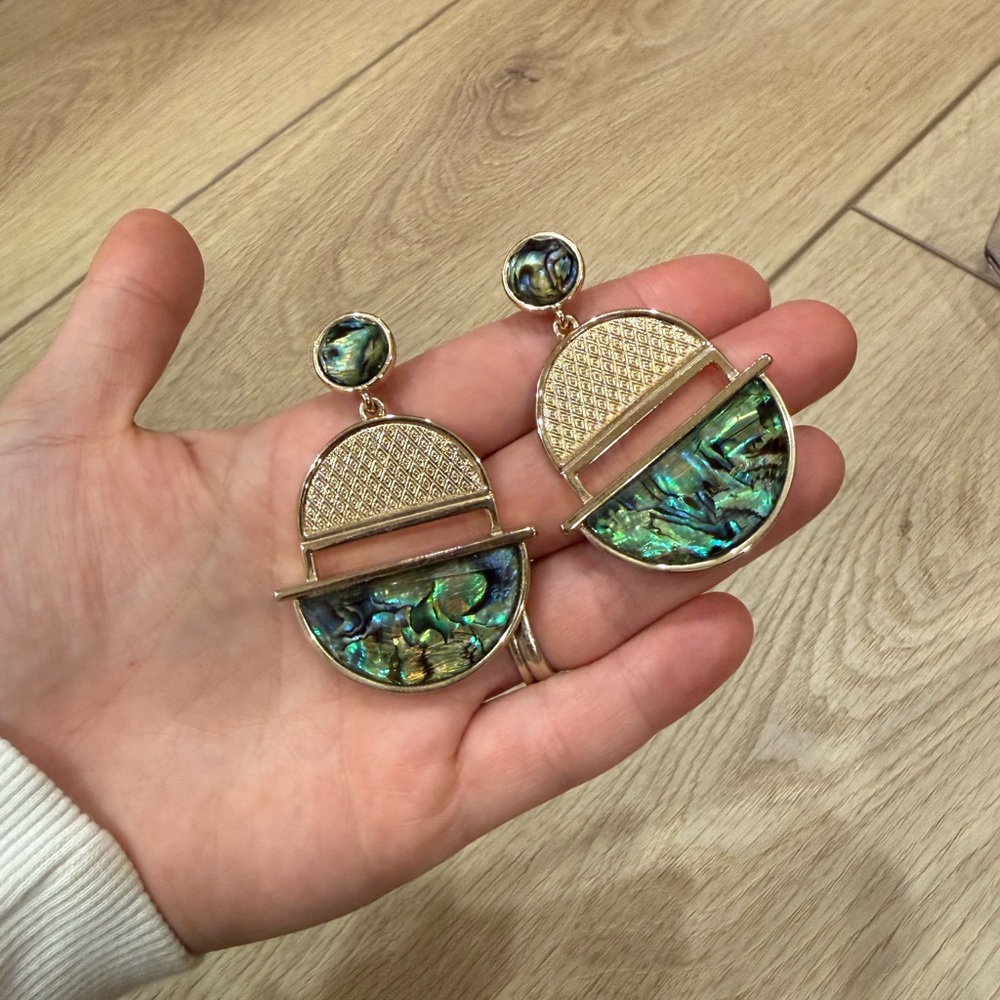 Elegant Gold and Green Abalone Earrings - Picture 2 of 5